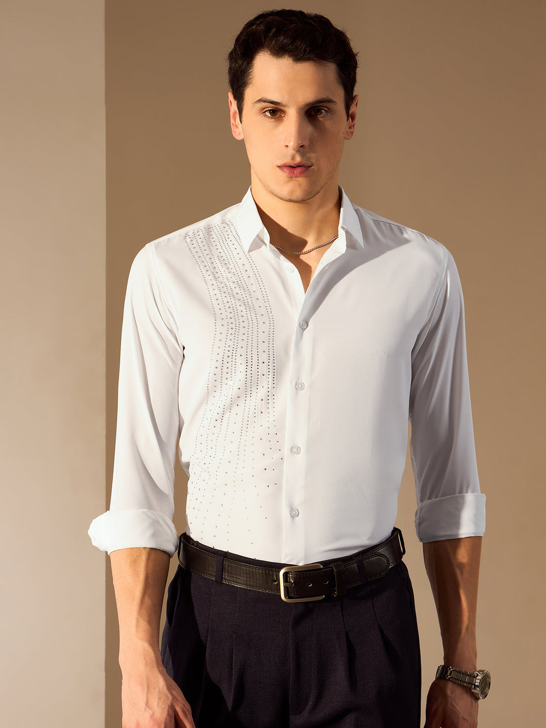 Men's White Embellished Party Shirt