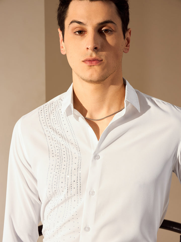 Men's White Embellished Party Shirt