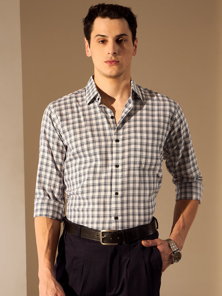 White and Blue: Men's Checked Formal Shirt