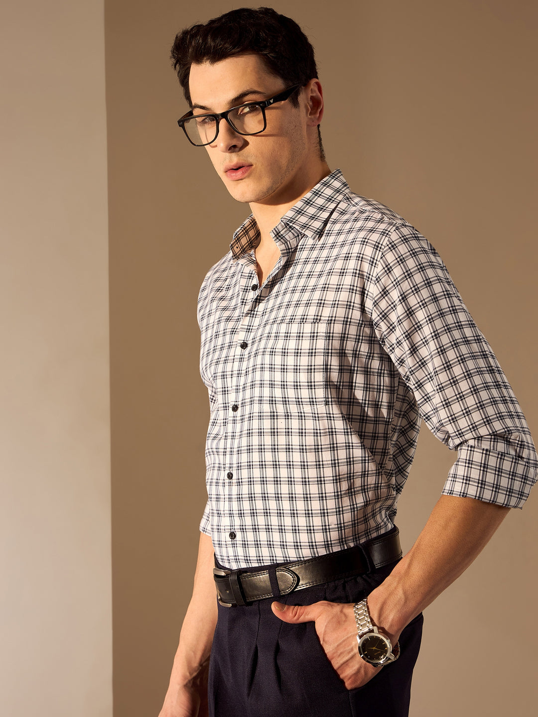 White and Blue: Men's Checked Formal Shirt