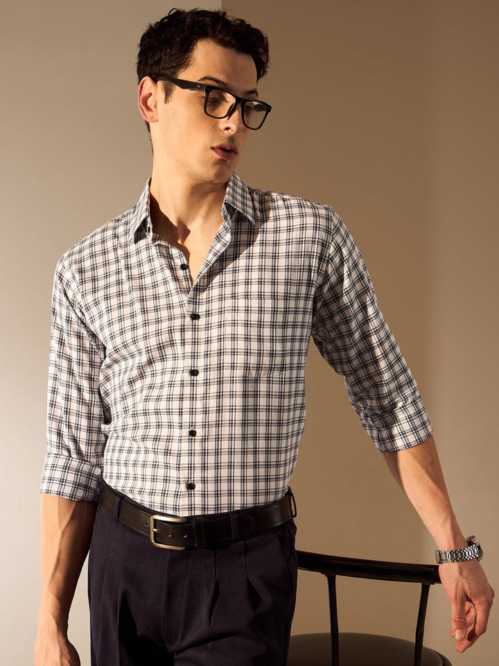 White and Blue: Men's Checked Formal Shirt