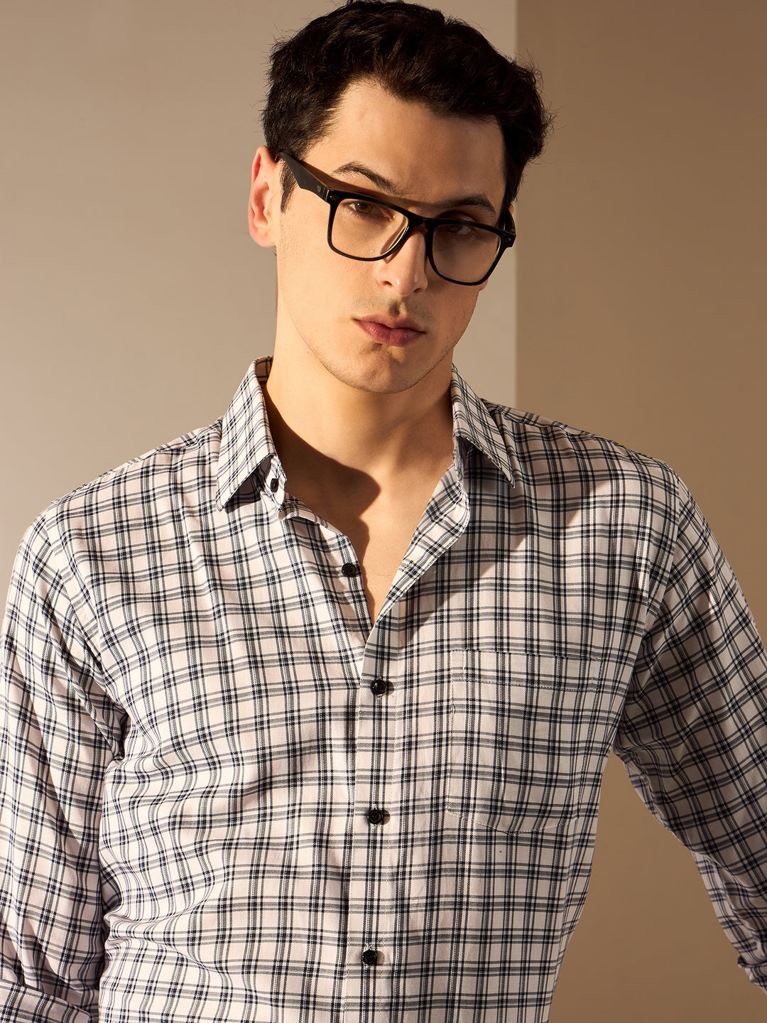 White and Blue: Men's Checked Formal Shirt