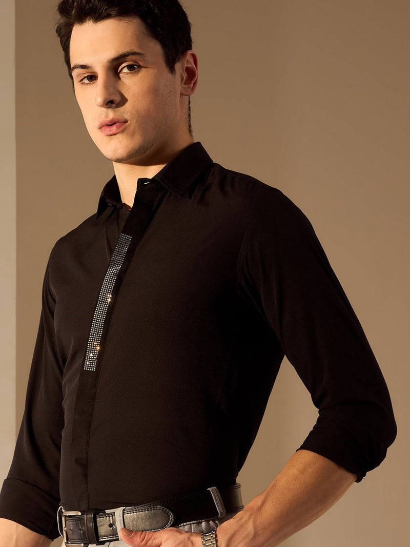 Black: Full Sleeves Embellished Polycotton Party Shirt
