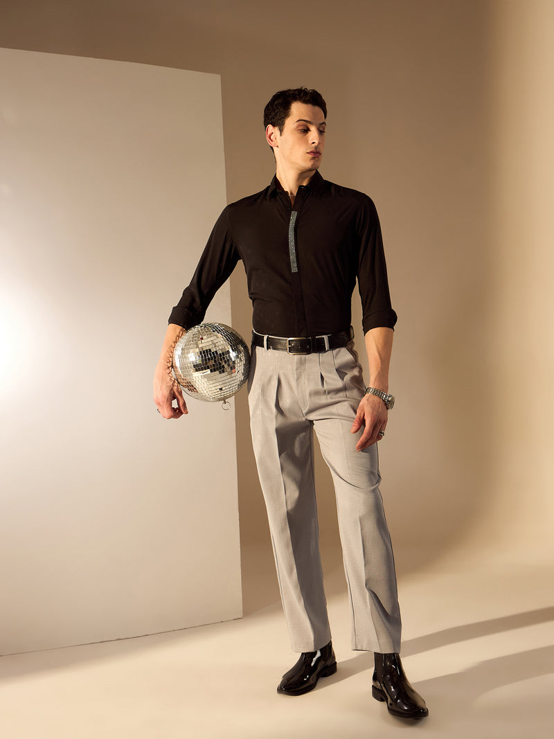 Black: Full Sleeves Embellished Polycotton Party Shirt