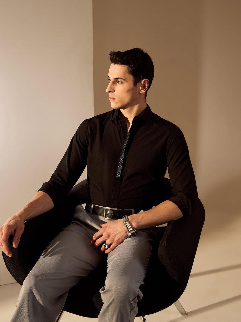 Black: Full Sleeves Embellished Polycotton Party Shirt