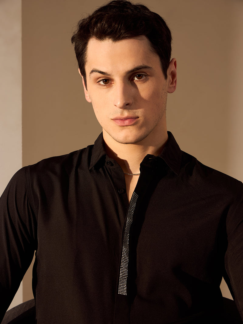 Black: Full Sleeves Embellished Polycotton Party Shirt