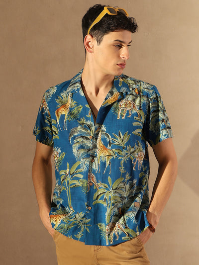 Dennison men's indigo blue block printed shirt front view