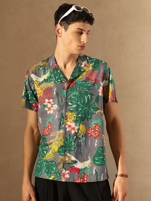 Dennison men's grey tropical printed shirt front view
