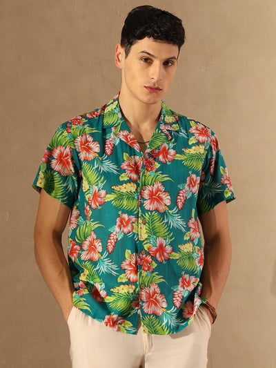 Dennison men's green block printed shirt front view