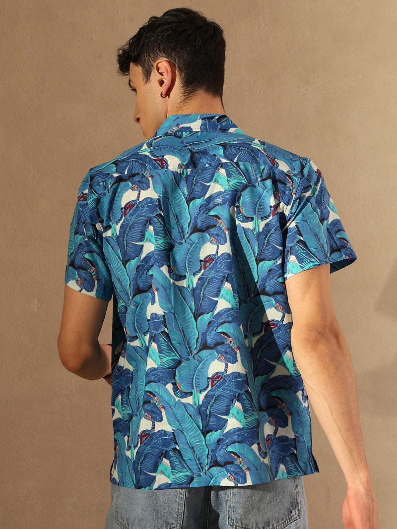 Blue and white: Half Sleeves Block Printed Shirt