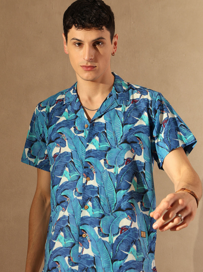 Blue and white: Half Sleeves Block Printed Shirt