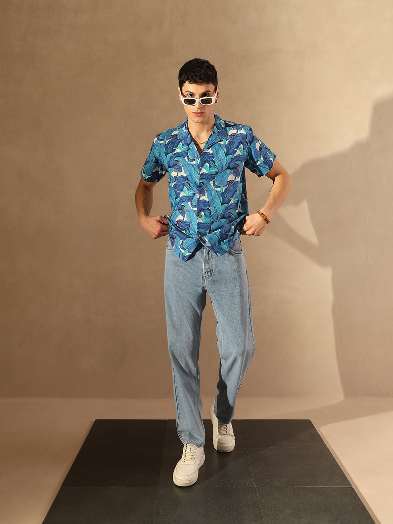 Blue and white: Half Sleeves Block Printed Shirt