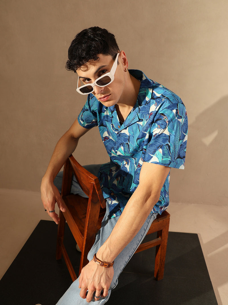 Blue and white: Half Sleeves Block Printed Shirt