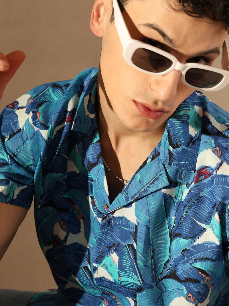 Blue and white: Half Sleeves Block Printed Shirt