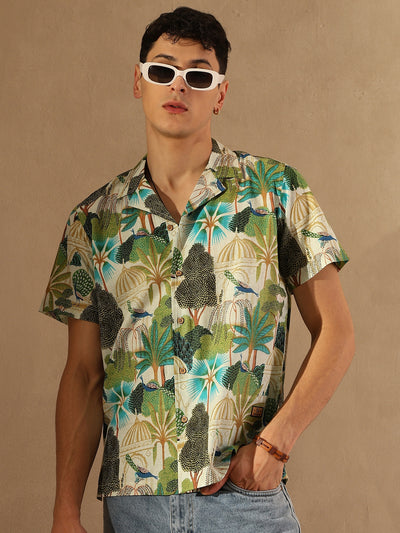 Dennison men's off white block printed shirt front view