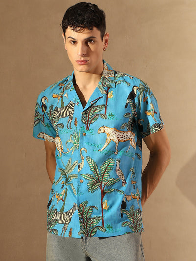Dennison men's blue tropical printed shirt front view