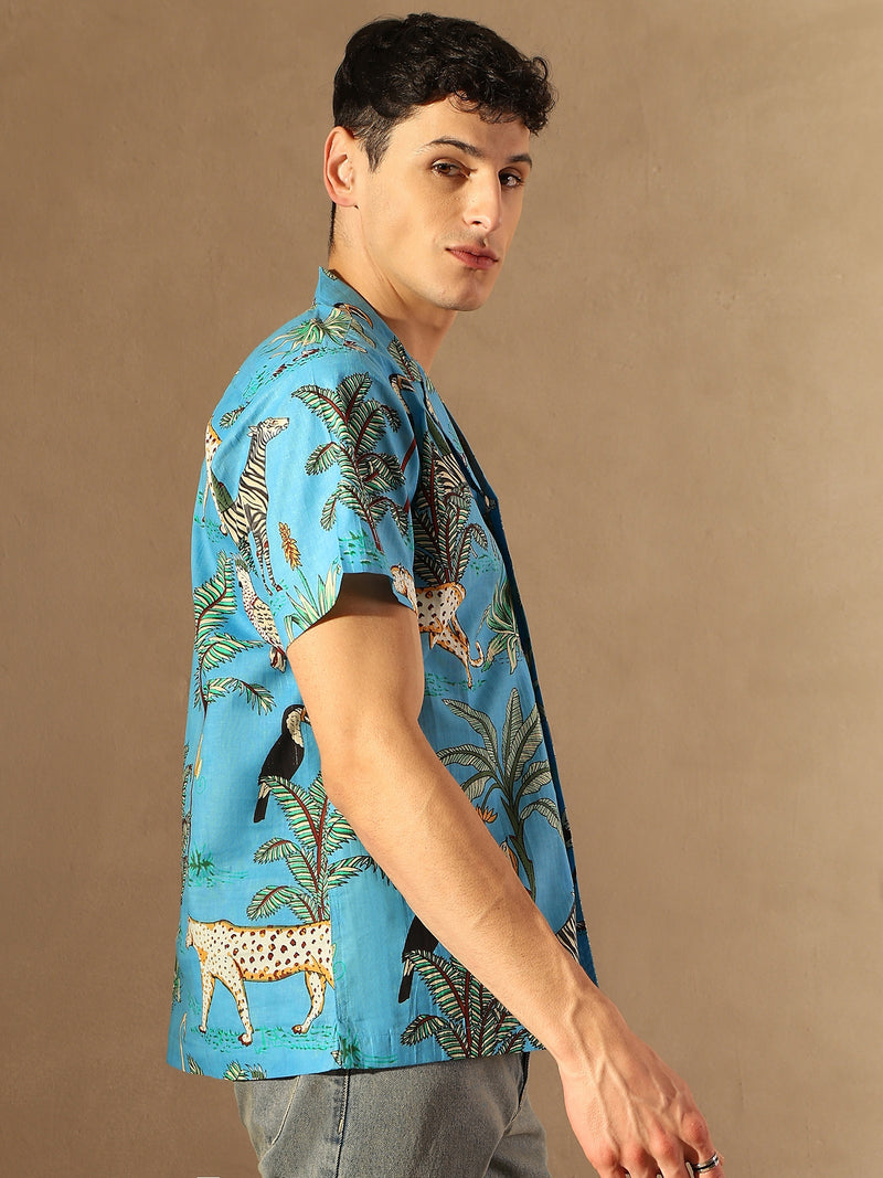 Blue &Green: Half Sleeves Block Printed Shirt