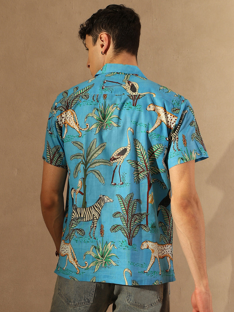 Blue &Green: Half Sleeves Block Printed Shirt