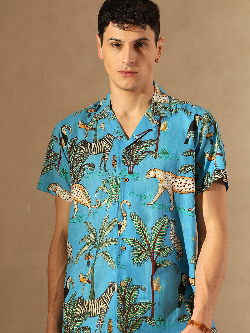 Blue &Green: Half Sleeves Block Printed Shirt
