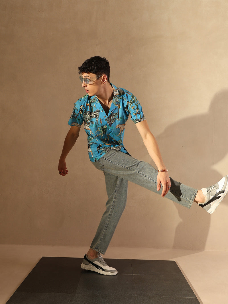 Blue &Green: Half Sleeves Block Printed Shirt