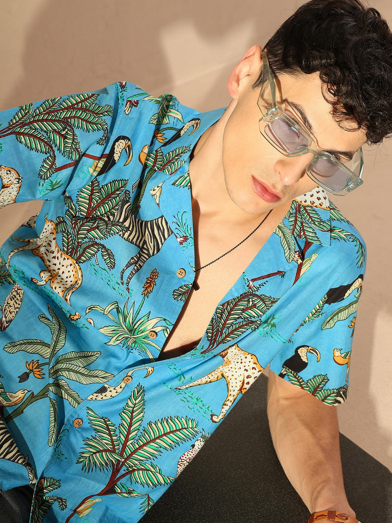 Blue &Green: Half Sleeves Block Printed Shirt