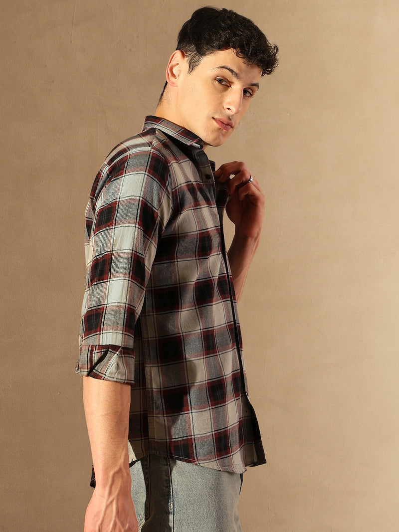 Grey & Black: Full Sleeves Checked Shirt