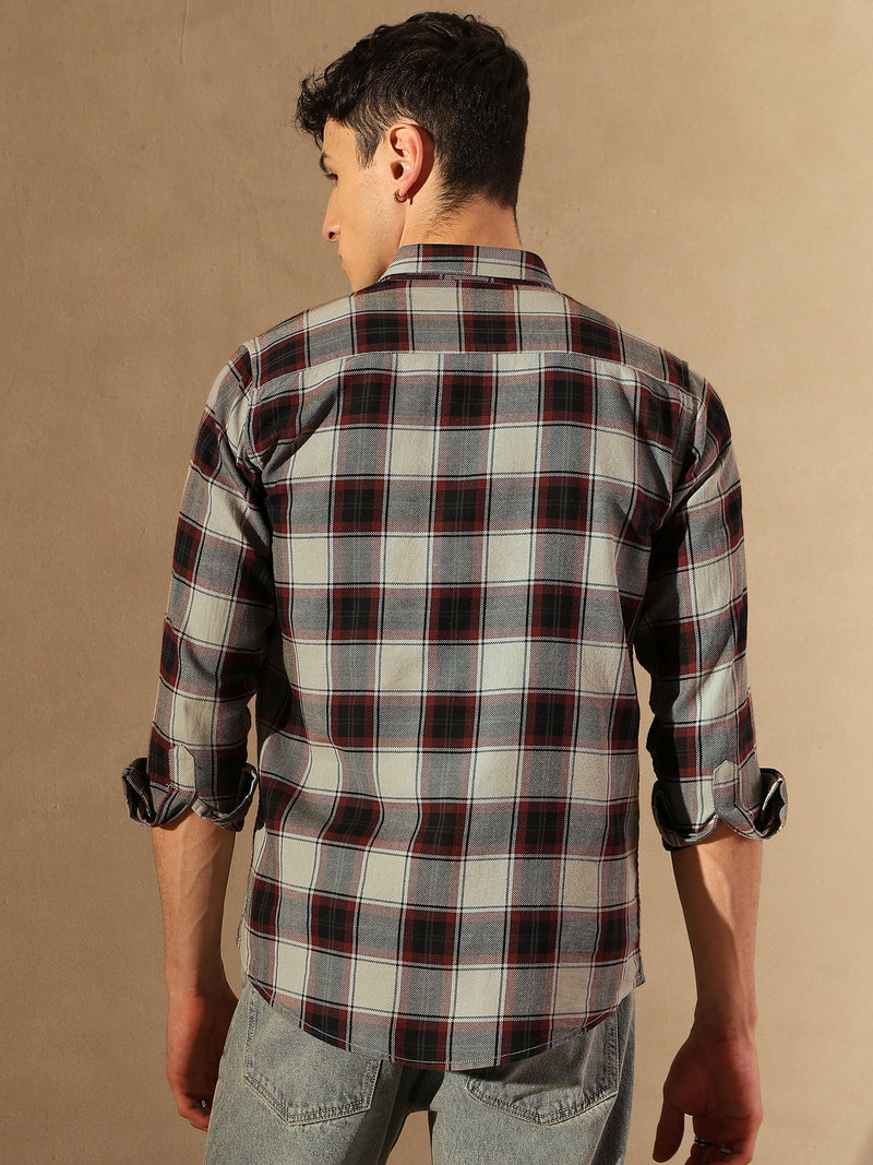 Grey & Black: Full Sleeves Checked Shirt
