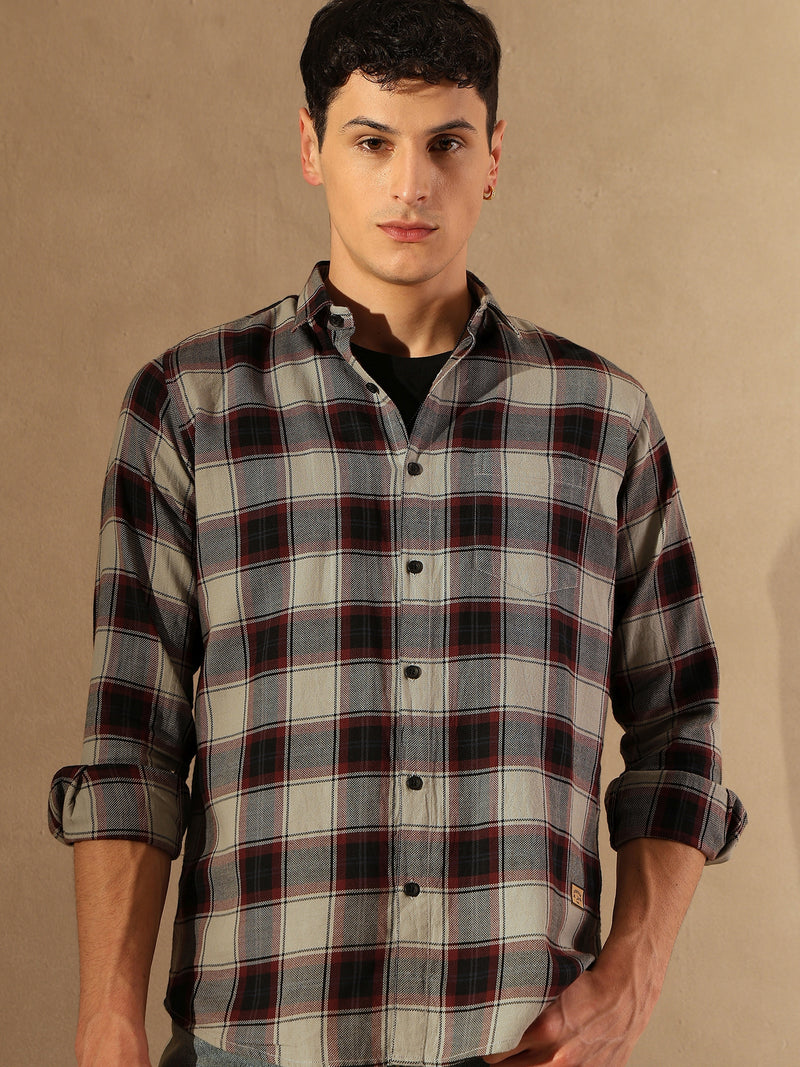 Grey & Black: Full Sleeves Checked Shirt