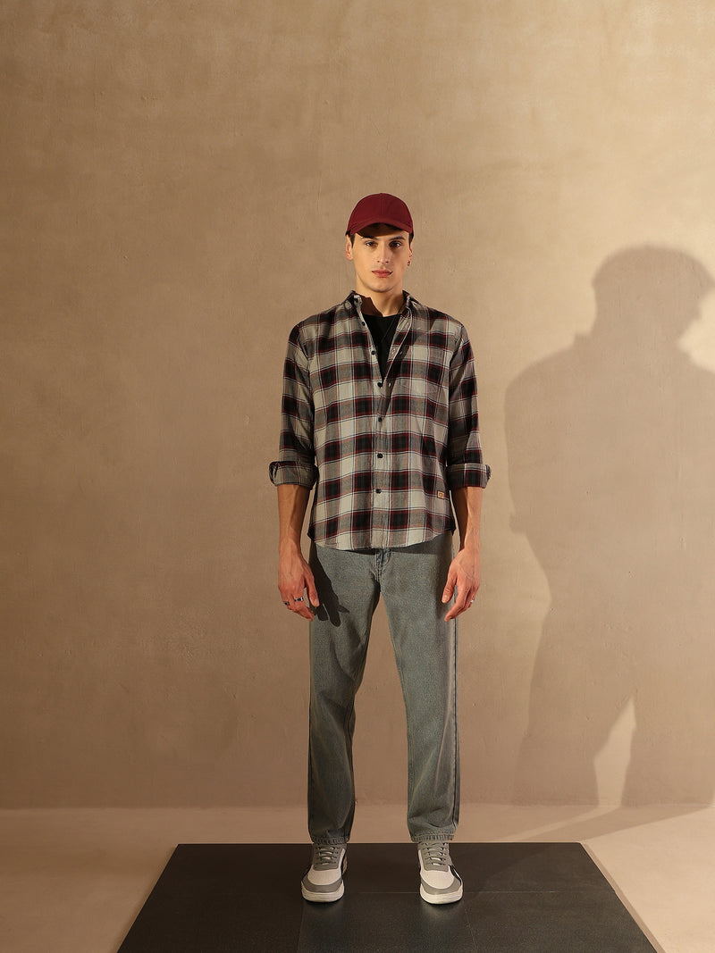Grey & Black: Full Sleeves Checked Shirt