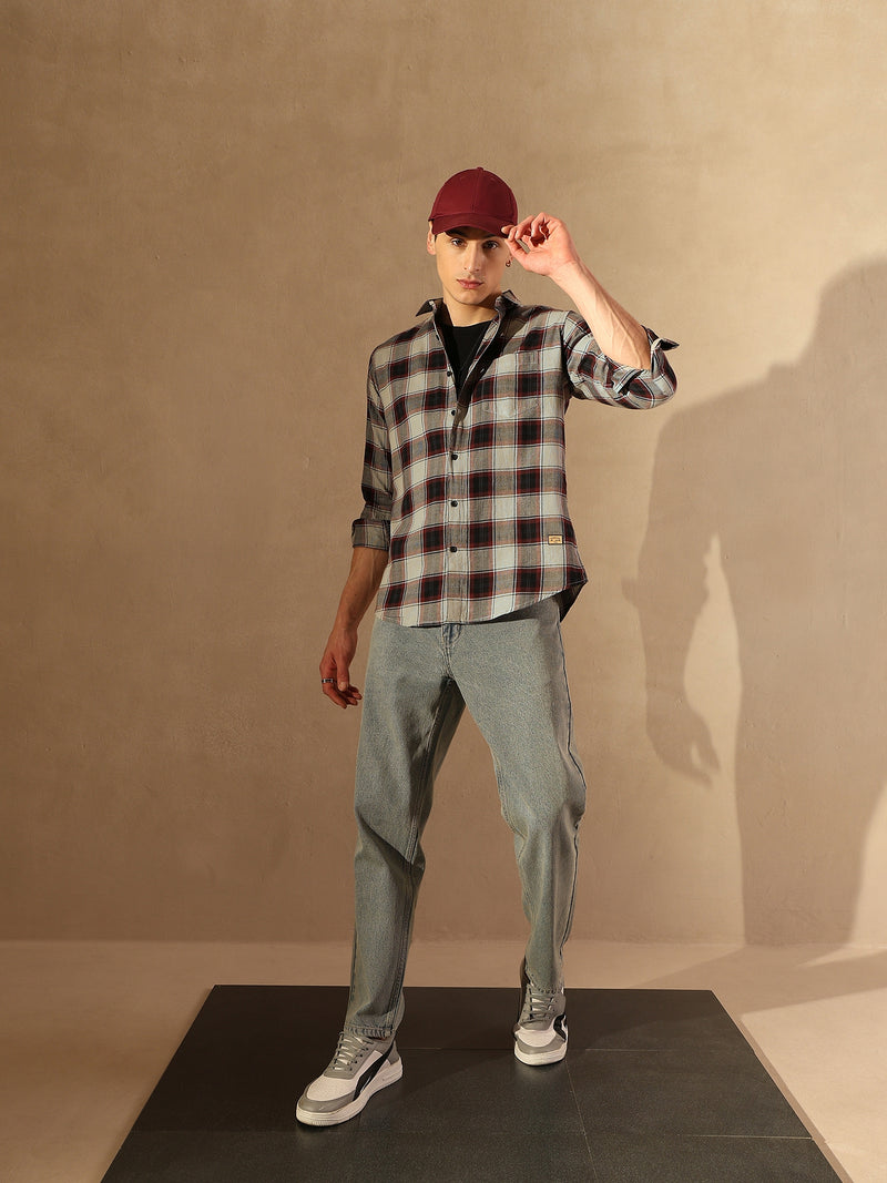 Grey & Black: Full Sleeves Checked Shirt