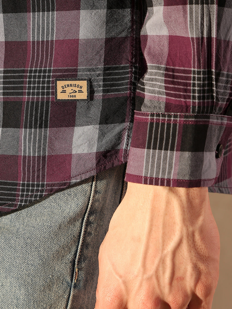 DENNISON Men Maroon & Grey Checked Shirt