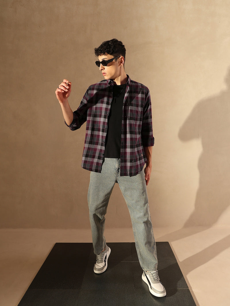 DENNISON Men Maroon & Grey Checked Shirt