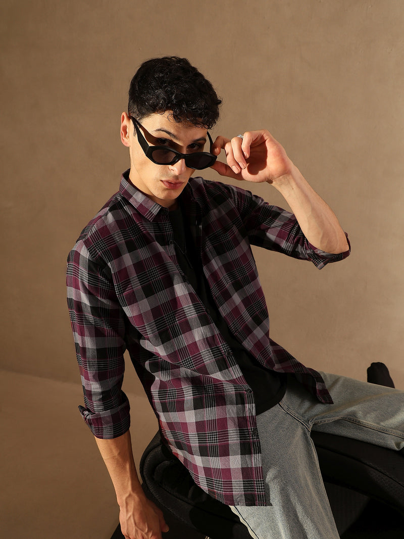 DENNISON Men Maroon & Grey Checked Shirt