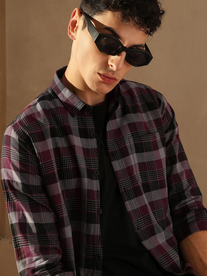 DENNISON Men Maroon & Grey Checked Shirt