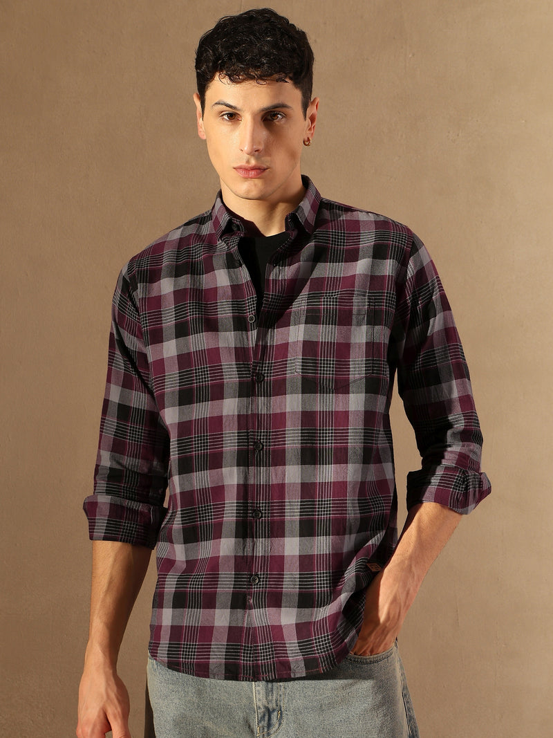 DENNISON Men Maroon & Grey Checked Shirt