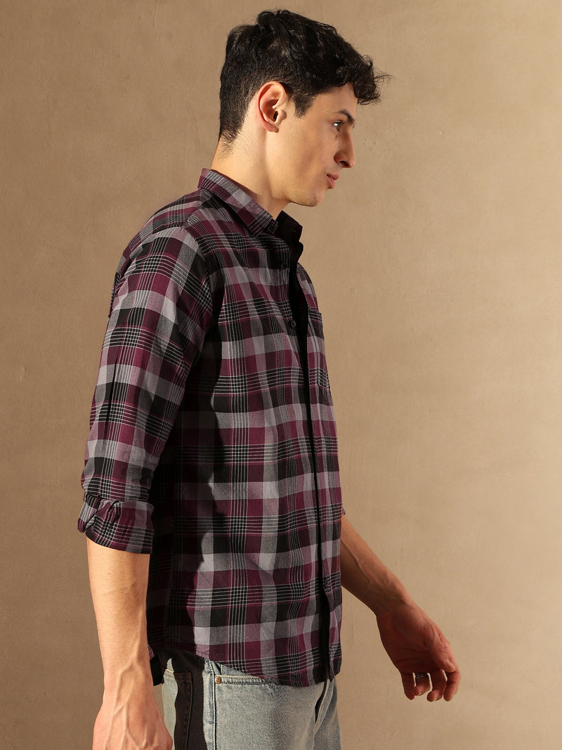DENNISON Men Maroon & Grey Checked Shirt