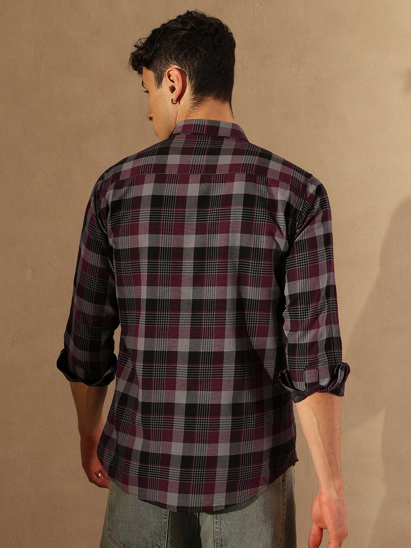 DENNISON Men Maroon & Grey Checked Shirt