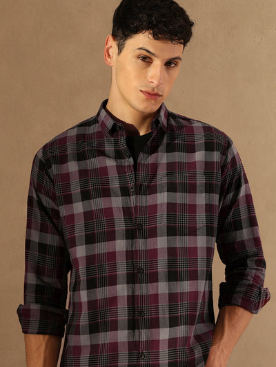 DENNISON Men Maroon & Grey Checked Shirt