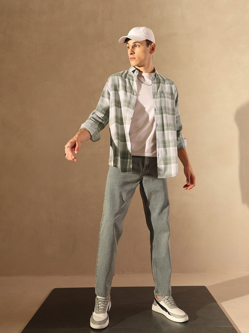DENNISON Men Grey & Olive Checked Shirt