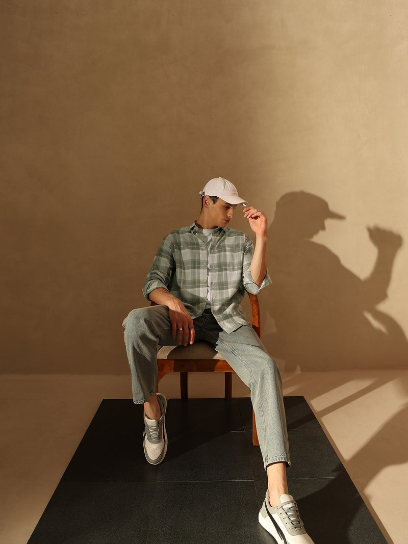 DENNISON Men Grey & Olive Checked Shirt