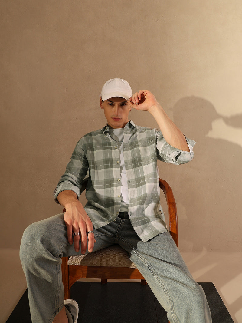 DENNISON Men Grey & Olive Checked Shirt