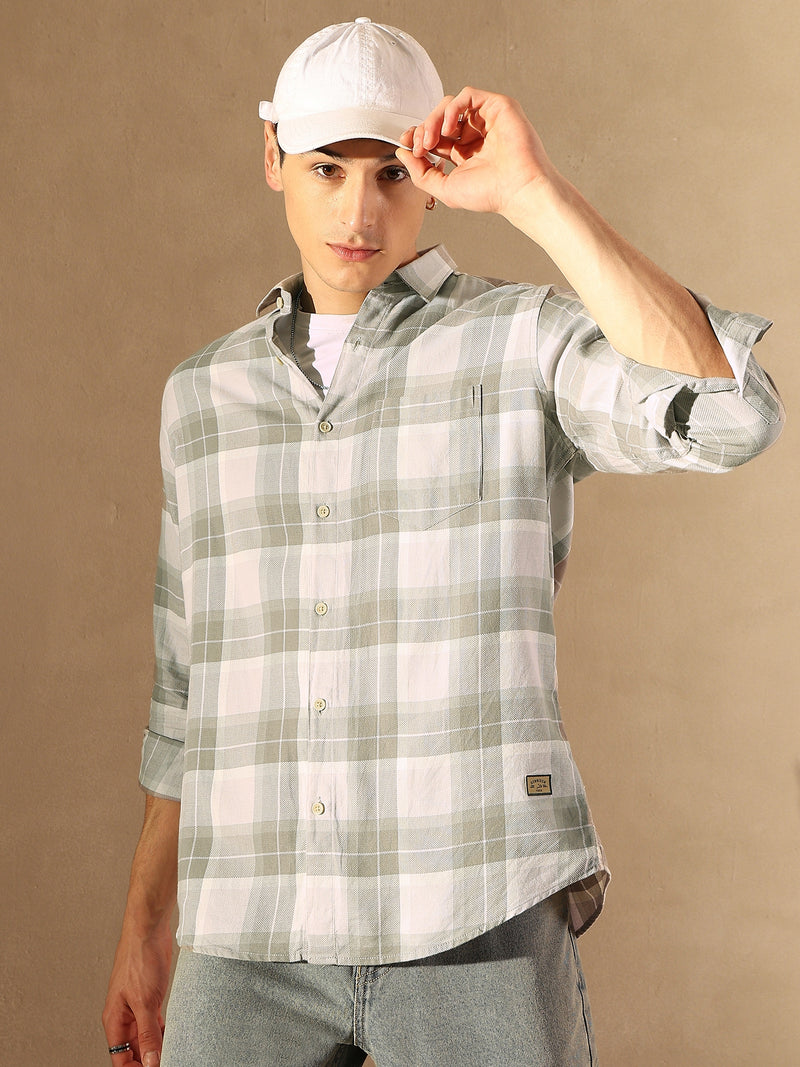 DENNISON Men Grey & Olive Checked Shirt