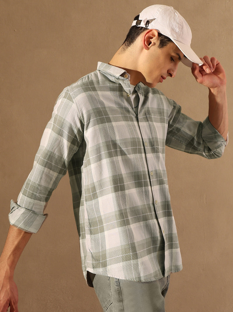DENNISON Men Grey & Olive Checked Shirt