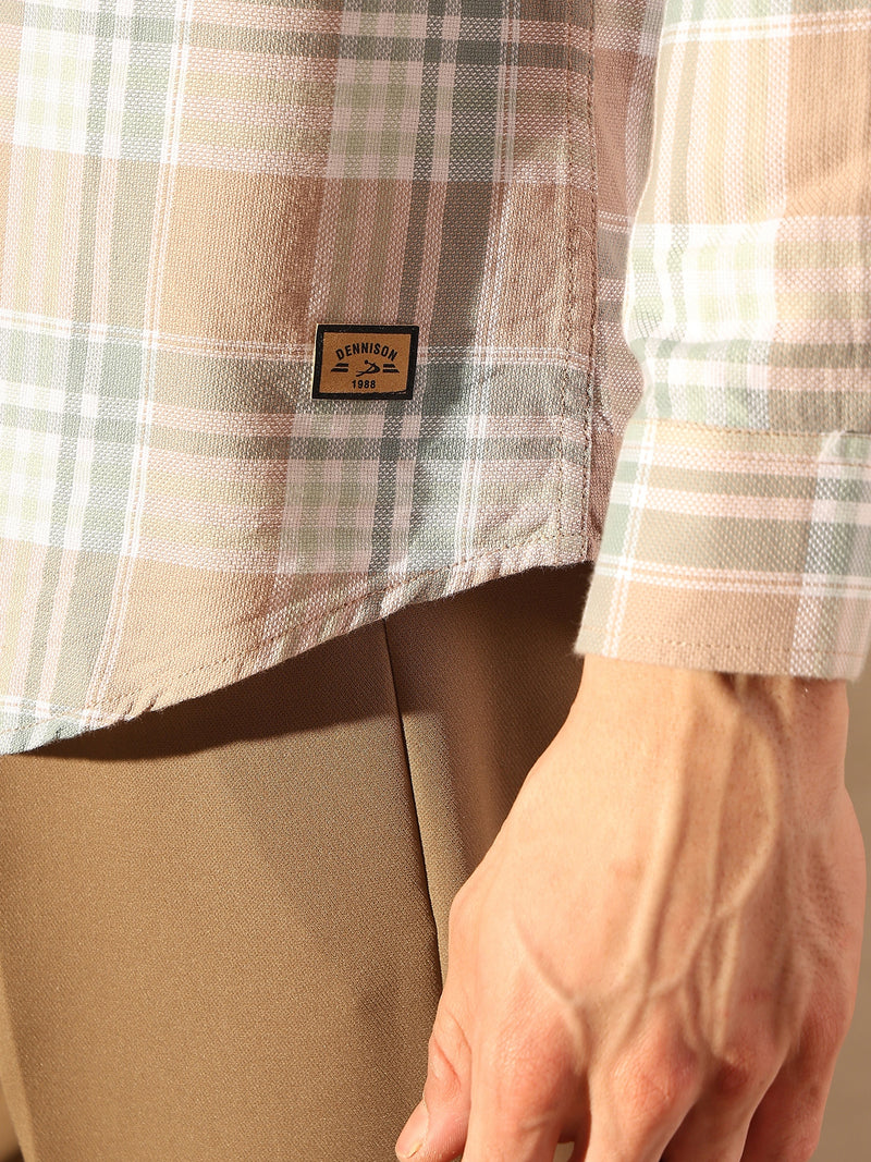 DENNISON Men Peach Checked Shirt