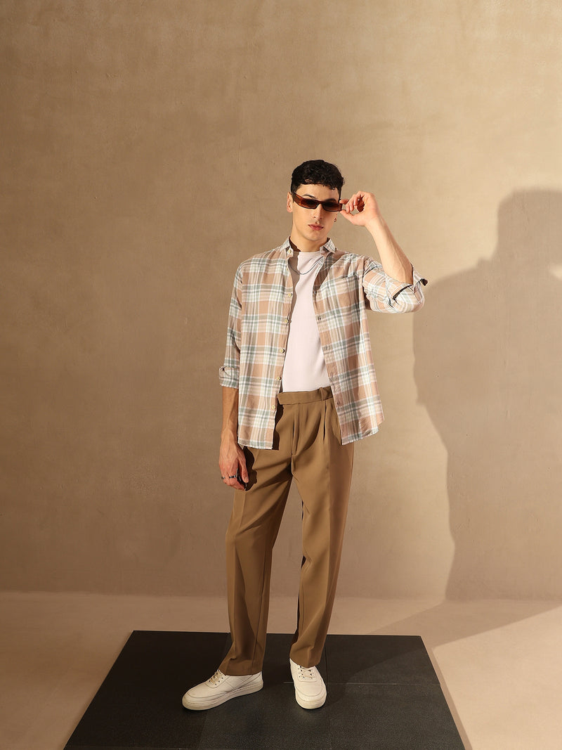 DENNISON Men Peach Checked Shirt