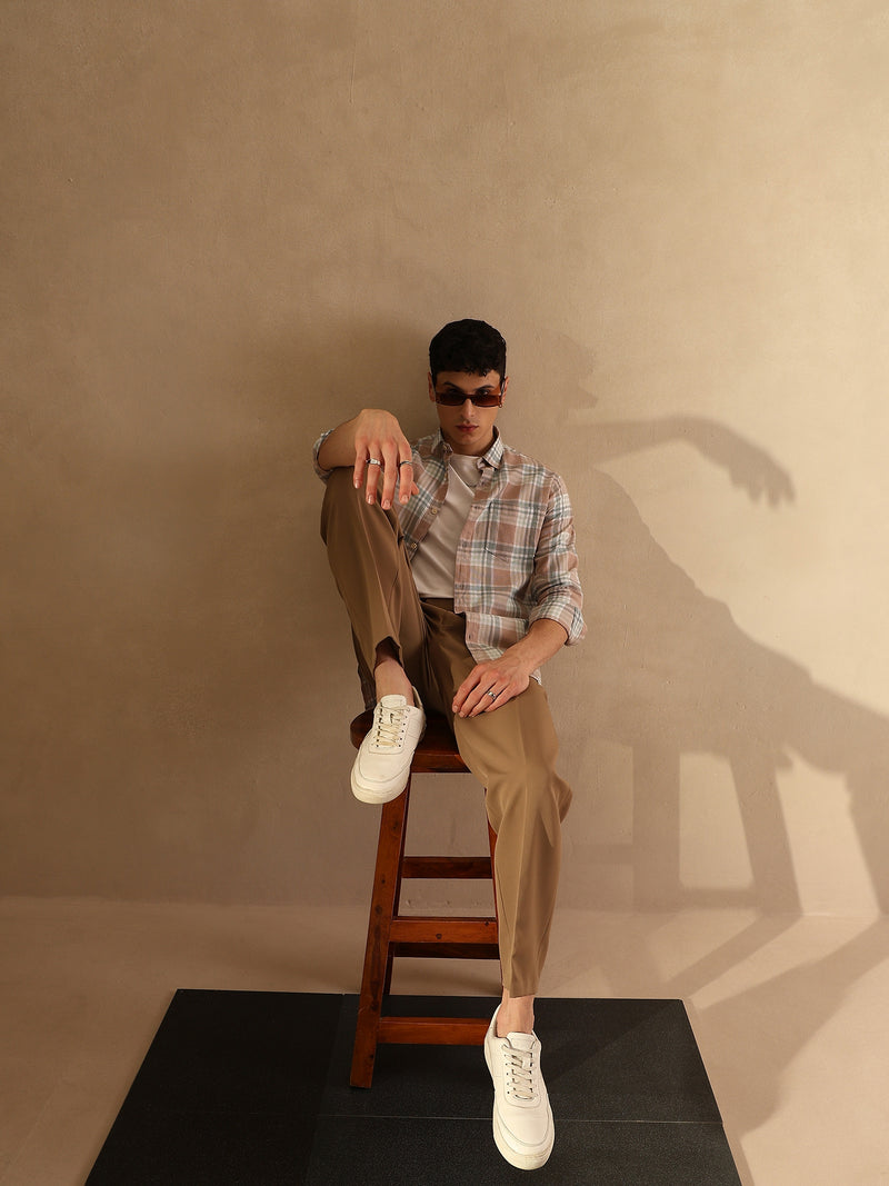 DENNISON Men Peach Checked Shirt