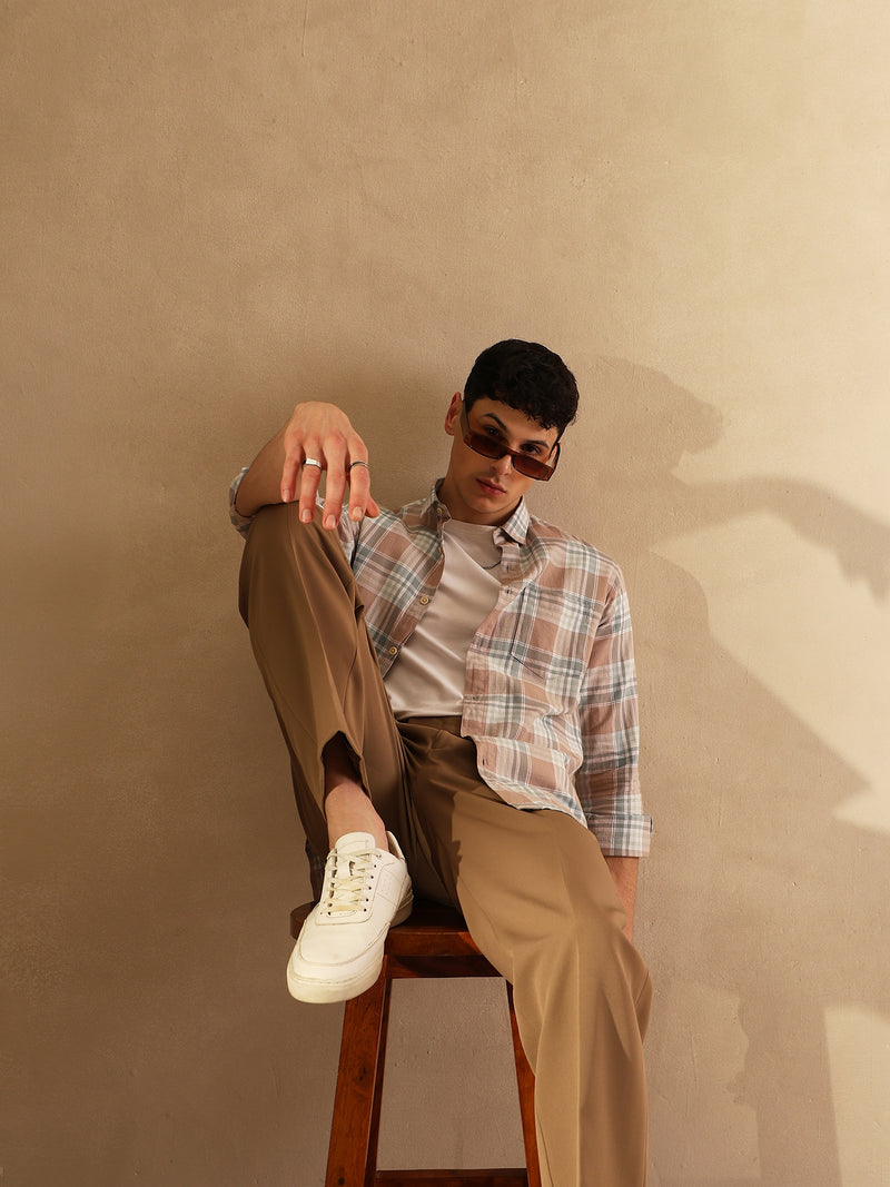 DENNISON Men Peach Checked Shirt