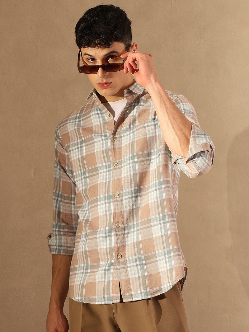 DENNISON Men Peach Checked Shirt