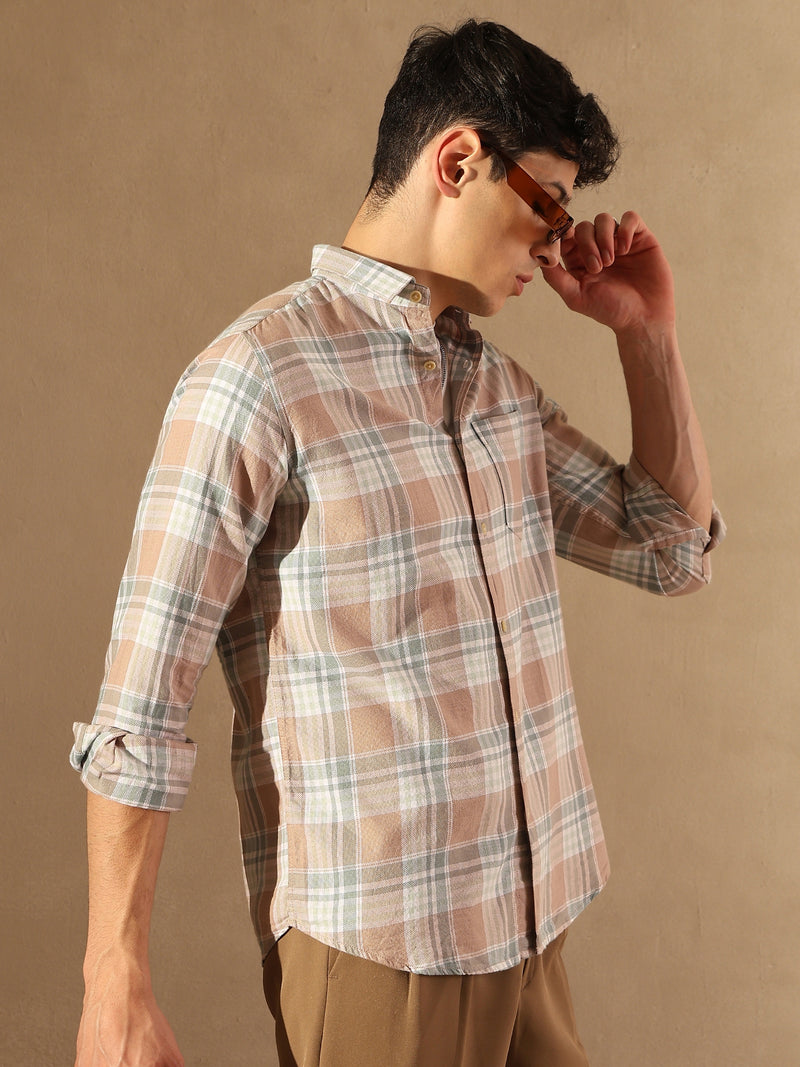 DENNISON Men Peach Checked Shirt