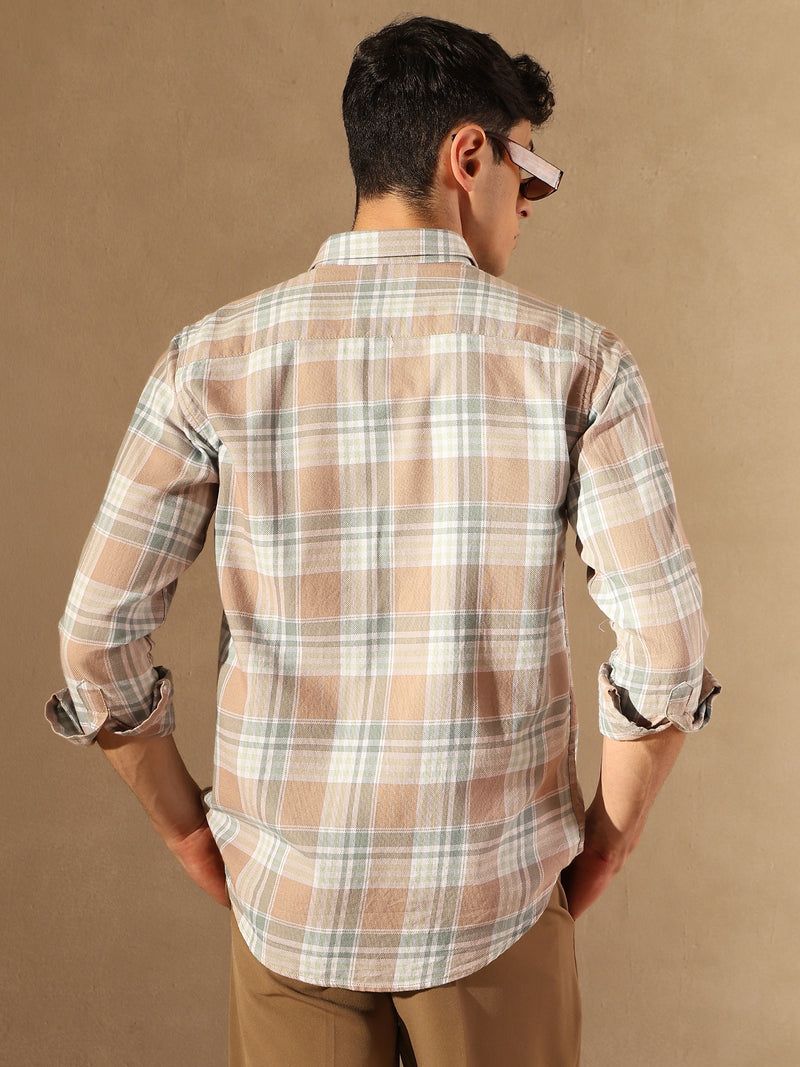 DENNISON Men Peach Checked Shirt